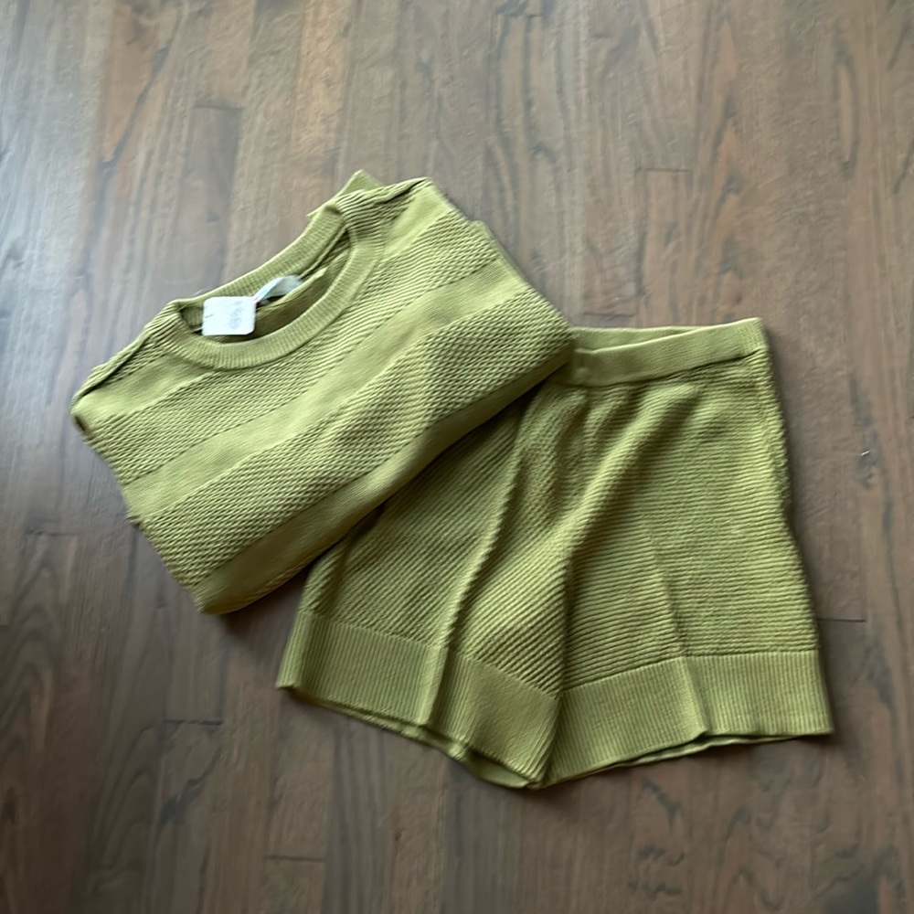 Free People Olive Green Knit Sweater & Shorts Set